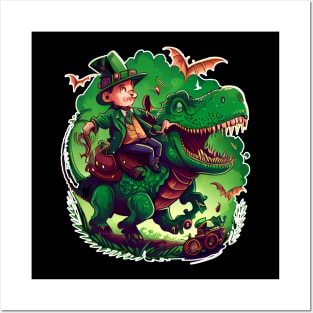 Funny Leprechaun Riding T-rex Posters and Art